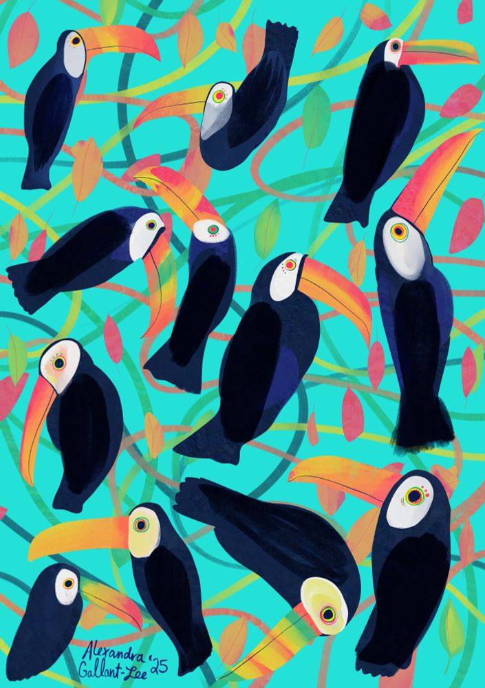 colorful illustration of a dozen toucans