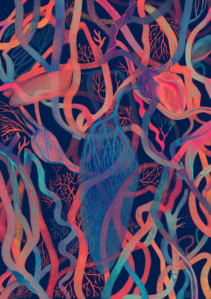 An illustration - a bunch of overlapping veins and arteries with different translucent organs interspersed throughout the illustration, the effect is a tangled web of branching vessels with various 'organ' shapes overlaying on top, including a lung in the center of the page