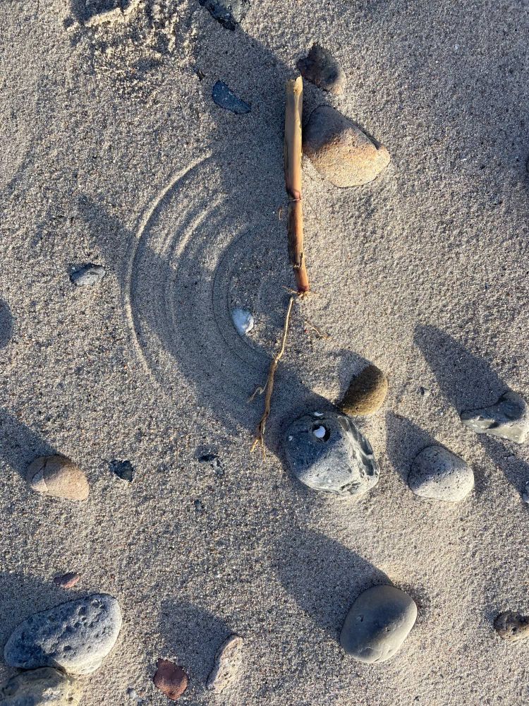 Bild von oben auf ein kleines Strandstück. Es liegen einige Steine. Aus dem Sand ragt ein Stock hervor mir einem Stück Gras, das der Wind im Kreis um das Stöckchen weht und ein Muster in den Sand zeichnet!
