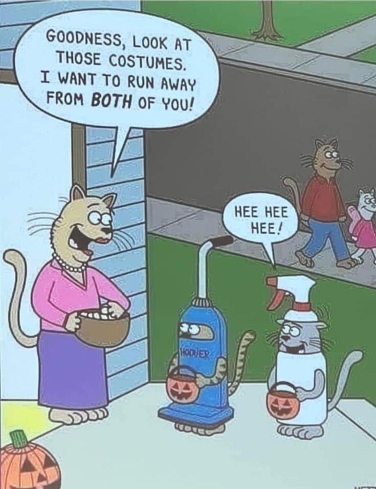 Comic with cats as people, trick or treating on Halloween. A lady cat is handing out treats from a bowl to some children, one dressed as a vacuum and the other as a spray bottle. The lady cat says, "Goodness...Look at those costumes. I want to run away from both of you!"

Artist: Scott Metzger