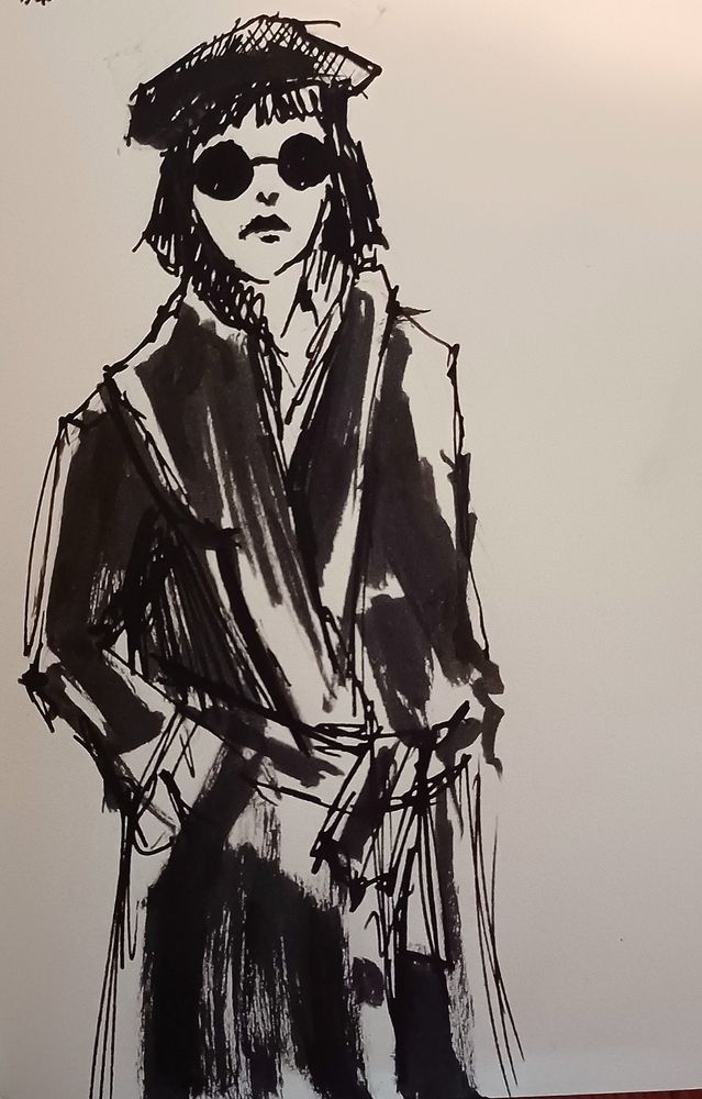 Black ink sketch of women in long coat and beret
