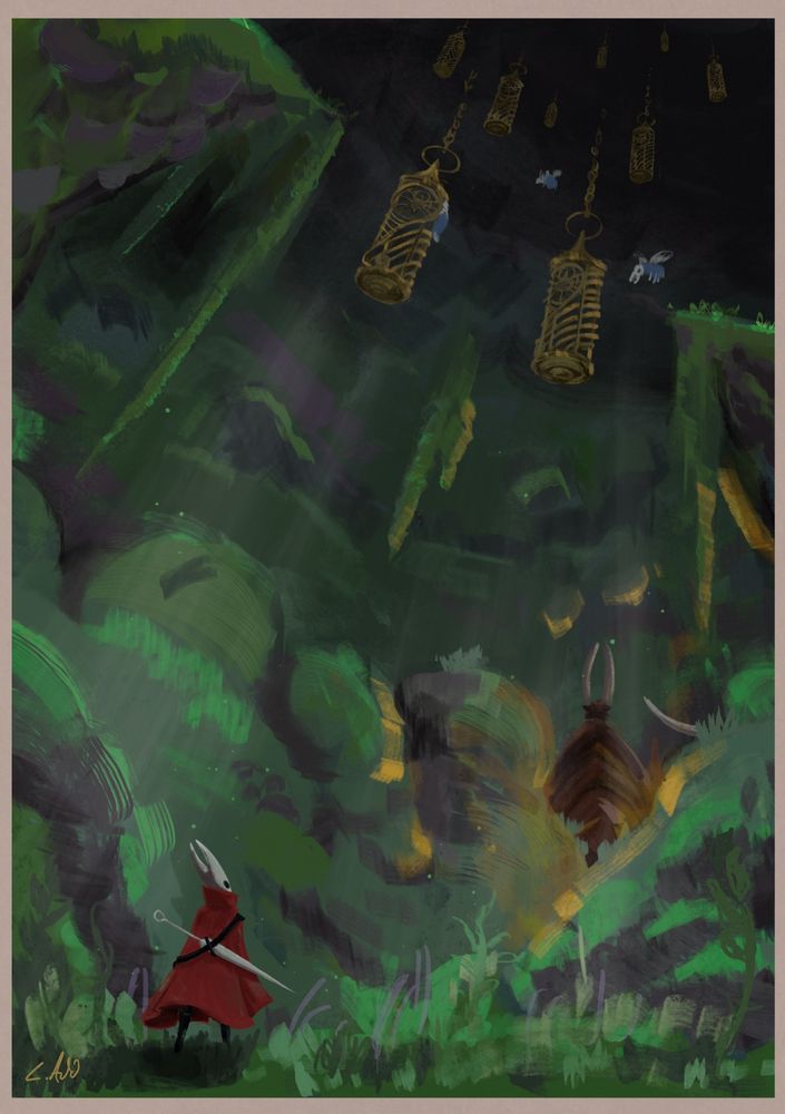 Silksong painting. Women in red cloak and white mask walks through a mossy green canyon. Above her cages rattle, ahead is the glow of a settlement and on her back her trusty needle. 