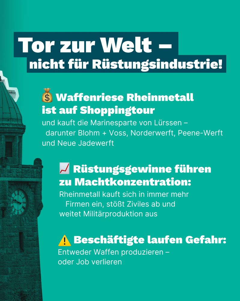 Grafik mit Text: ‚Tor zur Welt – nicht für Rüstungsindustrie!‘. Darunter drei Punkte: 1. ‚Waffenriese Rheinmetall ist auf Shoppingtour und kauft die Marinesparte von Lürssen – darunter Blohm + Voss, Norderwerft, Peene-Werft und Neue Jadewerft.‘ 2. ‚Rüstungsgewinne führen zu Machtkonzentration: Rheinmetall kauft sich in immer mehr Firmen ein, stößt Ziviles ab und weitet Militärproduktion aus.‘ 3. ‚Beschäftigte laufen Gefahr: Entweder Waffen produzieren – oder Job verlieren.‘