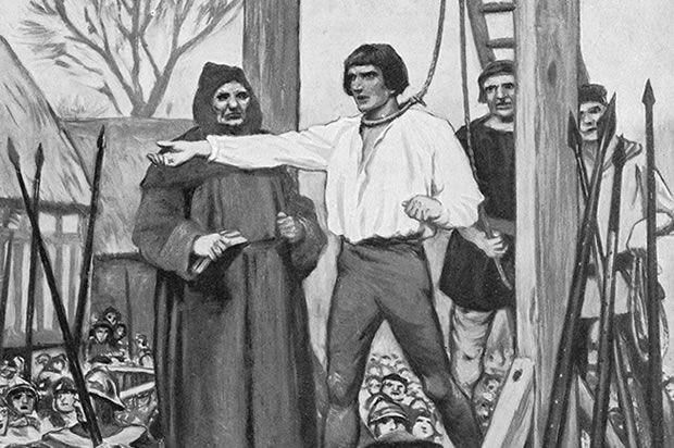 Un dibujo a tinta de un hombre con camisa blanca y calzas oscuras de pie en el cadalso. Está diciendo sus últimas palabras. Tiene el nudo de la horca está alrededor de su cuello. Junto a él hay un monje. El verdugo espera detrás para tensar la cuerda. 