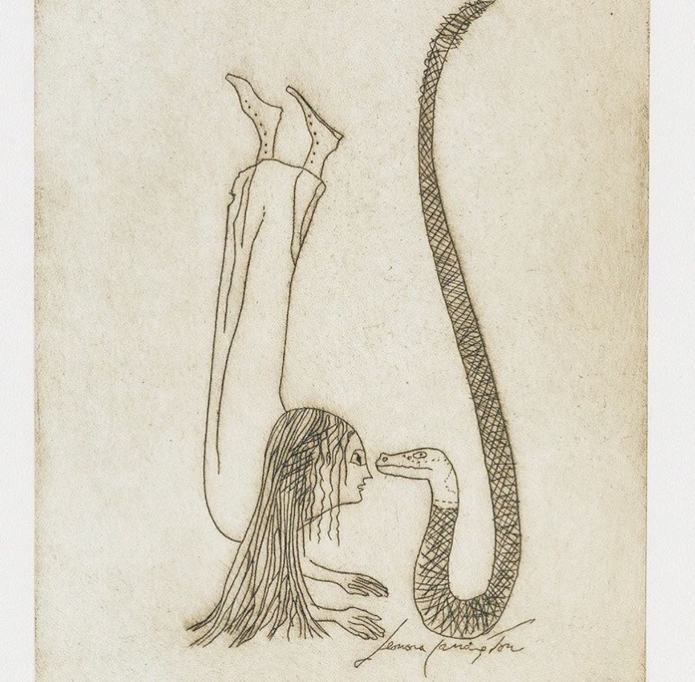 Illustration of woman upside down looking a snake in the eye 