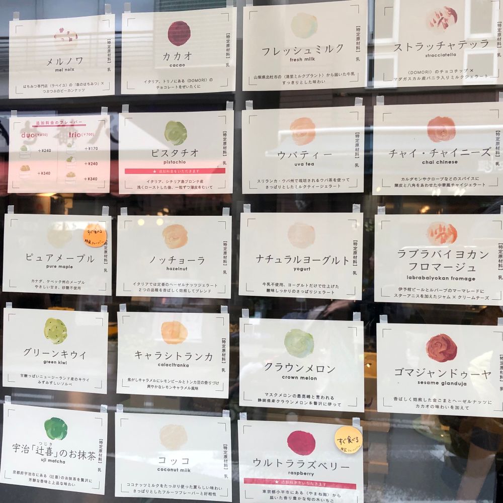 ずらりと18種類の本日のフレーバーのメニューが並んでいる、ジェラート屋の店頭のガラス