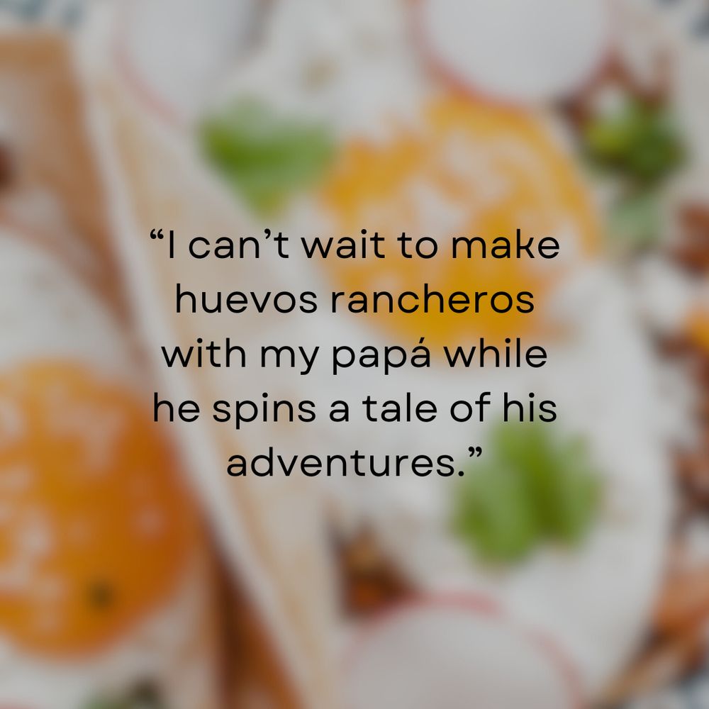 text in front of a background of eggs on a tortilla