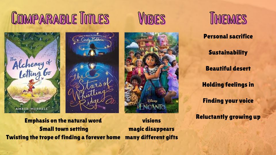 pictures of book covers for "The Alchemy of Letting Go," "The Stars of Whistling Ridge," and the movie poster for Disney's "Encanto." 