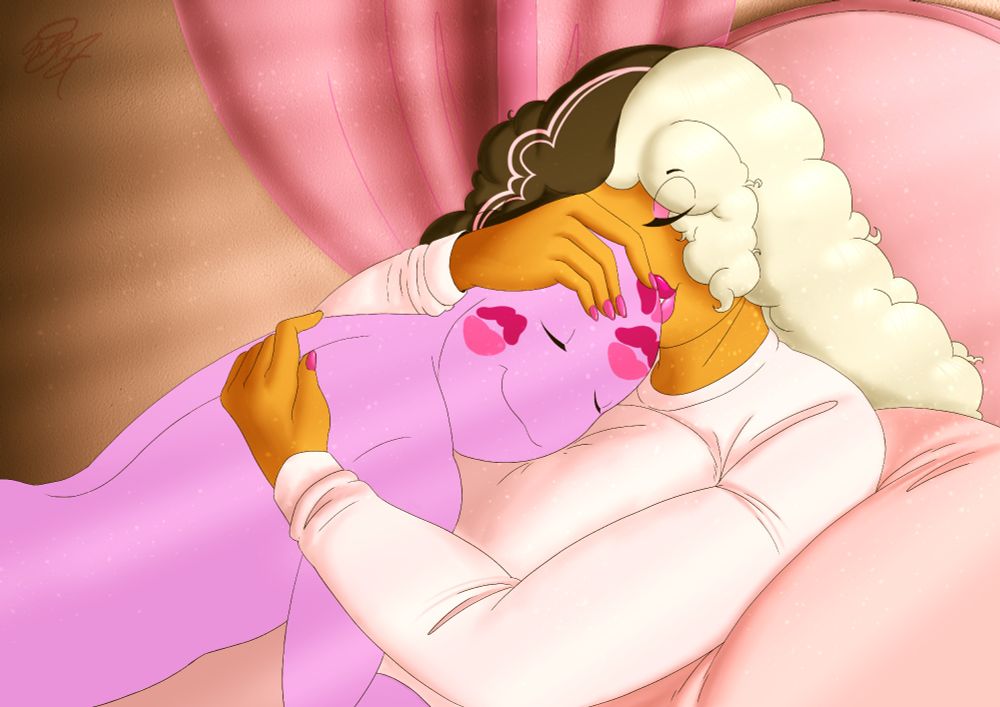 Your OC and D.D. lie in her bed, cuddling together as the sun casts its warm glow over you. Your face is decorated with her kissmarks while she rubs your back and runs her fingers across your head.
