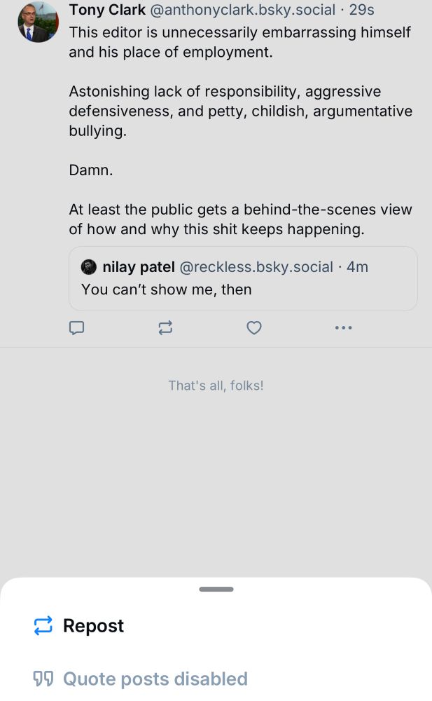 Screenshot of @anthonyclark.bsky.social quote posting @reckless.bsky.social and turning off quote posts of his own post. 