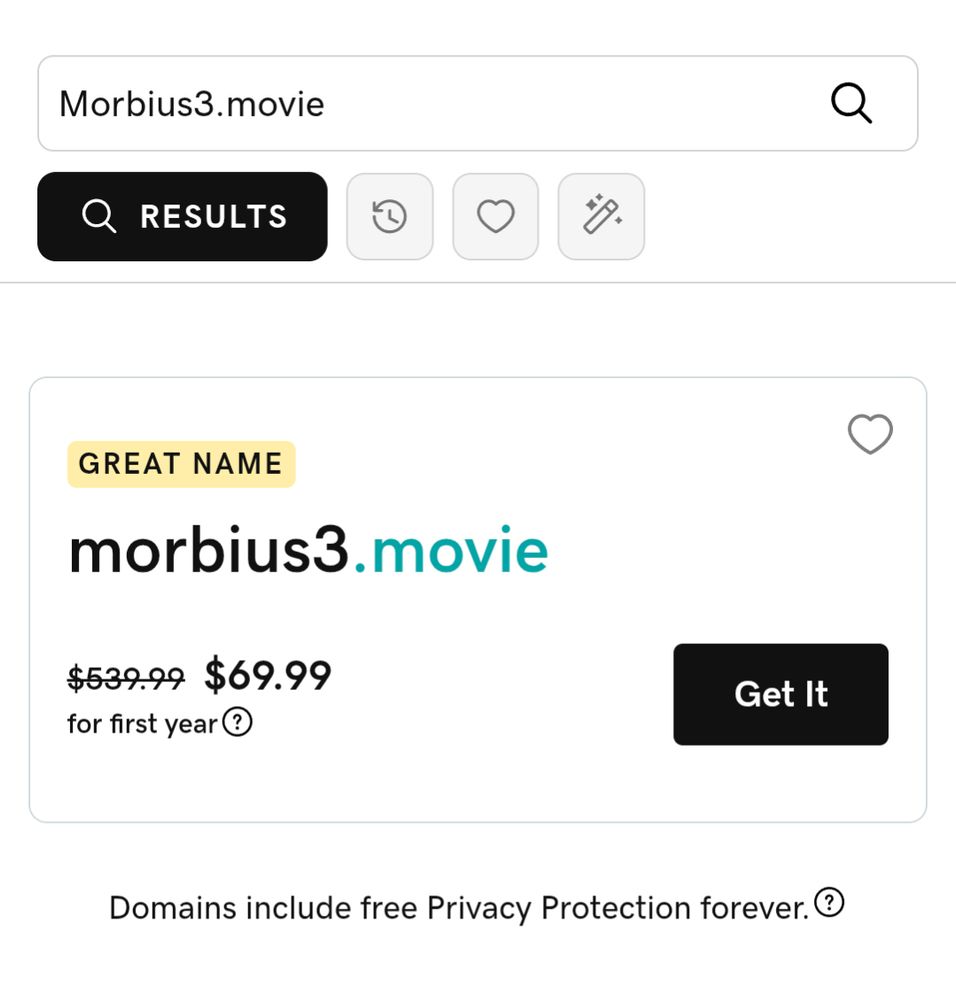 A screenshot of go daddy with morbius3.movie for only $69.99