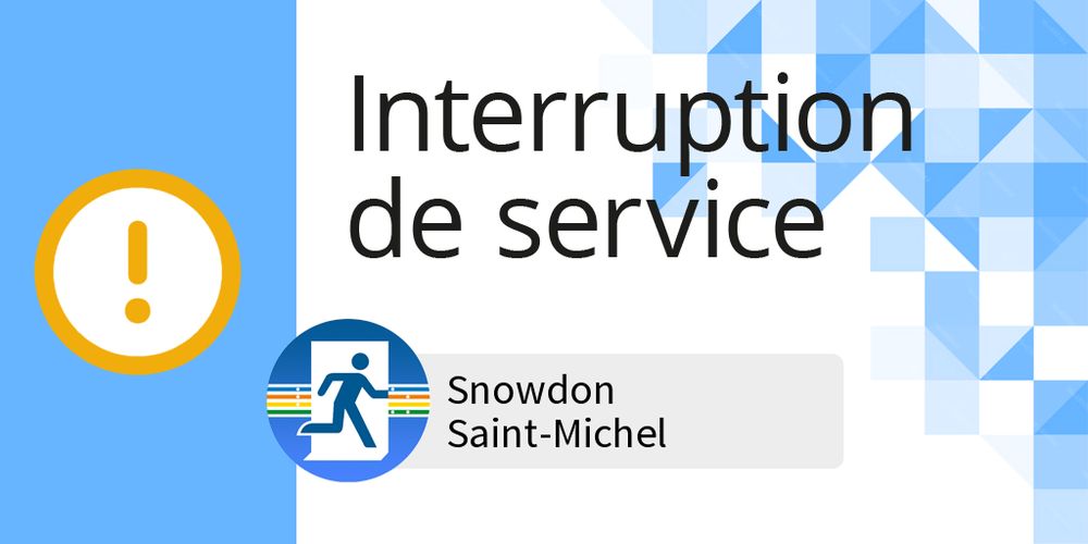 Metroexit  Interruption de service  
sur la ligne 5 - BLEUE  entre les stations Snowdon et Saint-Michel en raison d'une panne d'équipement électrique. 
Reprise prévue vers 6h10.
#montreal #transit #STM #transportcollectif