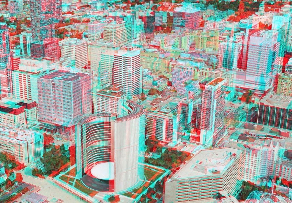 red/cyan stereoscopic photo of downtown toronto from the air as rendered by apple maps