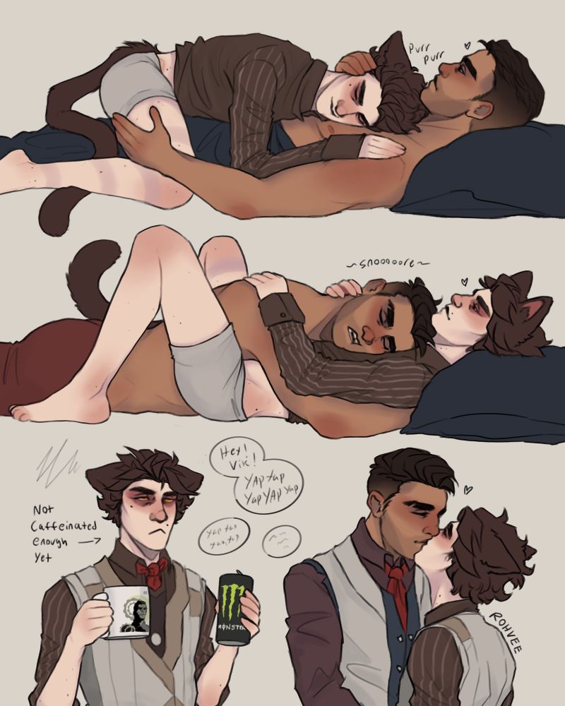 Panel 1: Catboy Viktor sprawled out on top of Jayce and purring. Panel 2: Jayce sprawled out on top of cat Viktor and snoring. Panel 3: an irritated-looking cat Viktor holding a coffee and a Monster energy drink with the caption “Not caffeinated enough yet” as Jayce yaps in the background. Panel 4: Jayce and cat Viktor kissing.