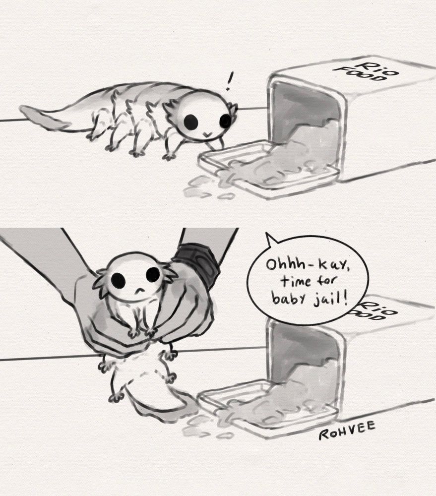 Cryptobiote Rio stands over a container of knocked-over food, then in the next frame she is picked up by Jayce who says "Okay, time for baby jail!"