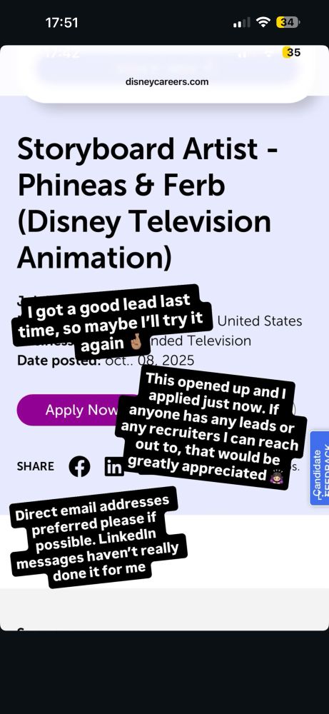 Job posting from Disney Television Animation with the storyboard artist position opening up. I added extra text on Instagram saying I am looking for work and am asking anyone for direct connections or contact information