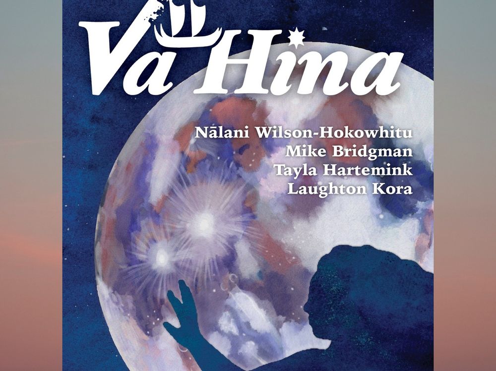 Illustrated poster for “Vā Hina.” A painted full moon in pinks and purples fills the frame with a silhouetted woman reaching toward it.

Text reads: Nālani Wilson-Hokowhitu, Mike Bridgman, Tayla Hartemink, Laughton Kora.