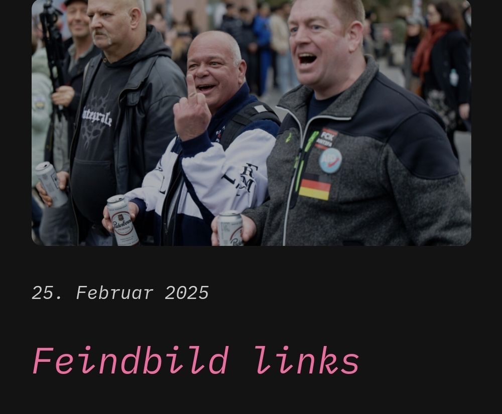 Drei schreiende Wutmänner um die 50. Sie alle haben ein Bier in der Hand, währenddessen sie auf einer Demo laufen. Der mittlere zeigt den Mittelfinger.