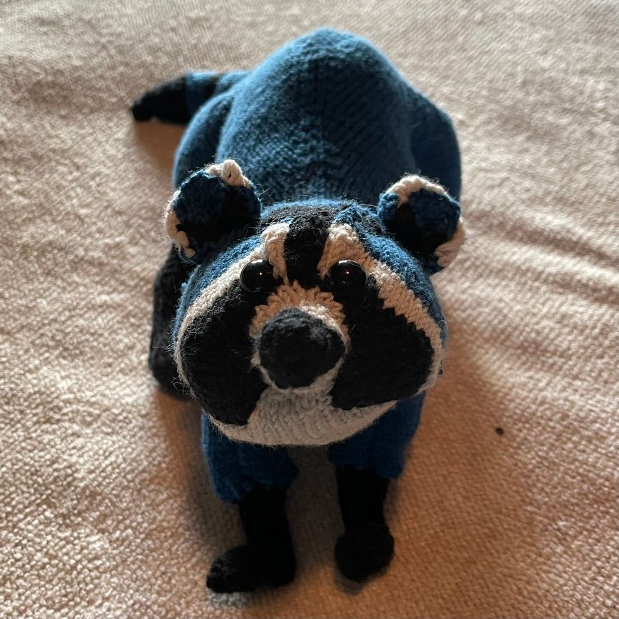 A knitted blue raccoon against an off-white background