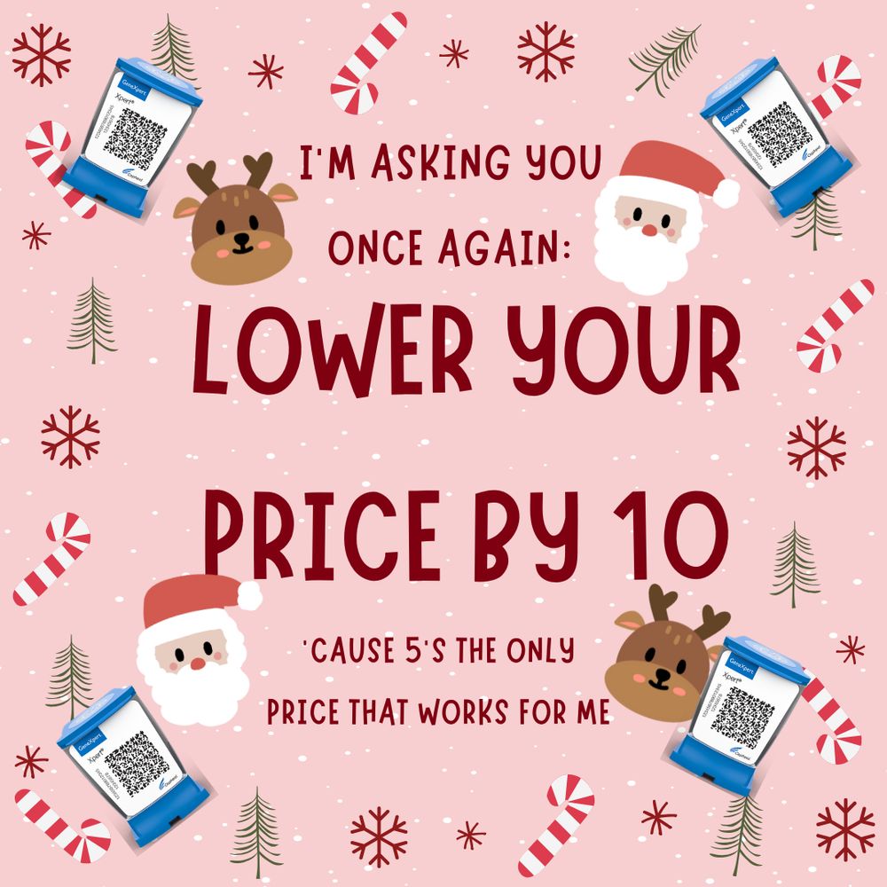 Candy canes, snowflakes, Santas and reindeer surround the words "I'm asking you once again: lower your price by 10, 'cause 5's the only price that works for me."