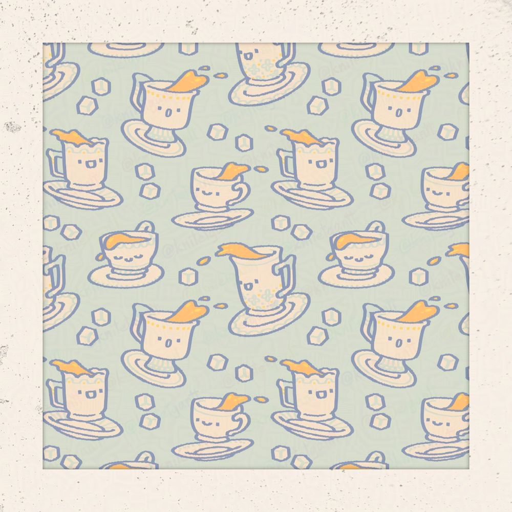 A repeating pattern of sugar cubes and teacups with happy little faces on them, flying about and carelessly spilling tea.