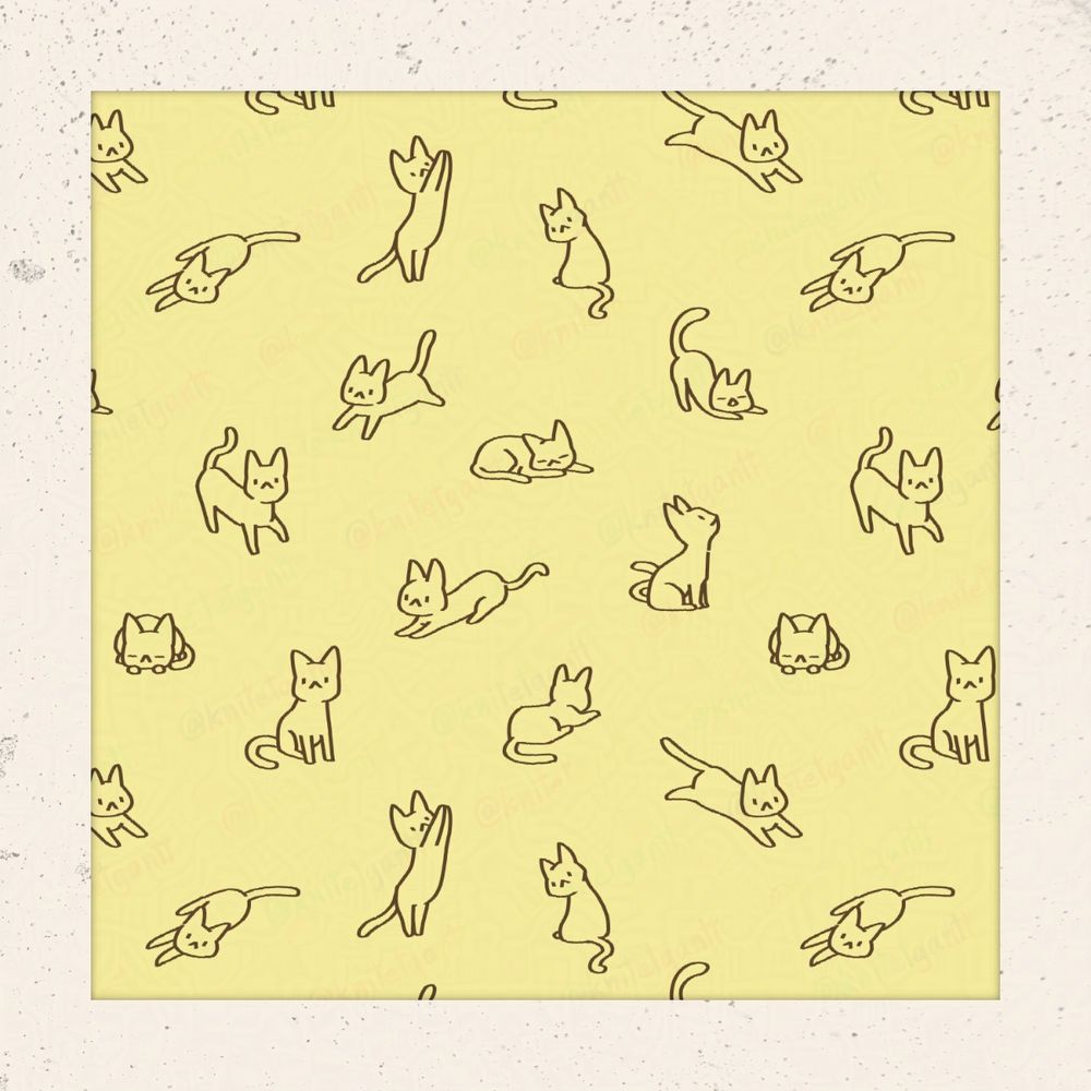 A repeating pattern of cutesy cats doodled in various silly positions on a yellow background.