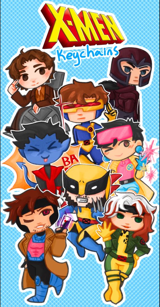 collage of X-men characters, says “X-men keychains” across the top