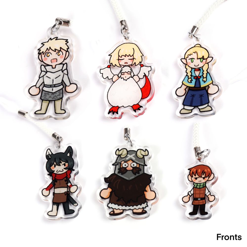collage of dungeon meshi characters as phone charms