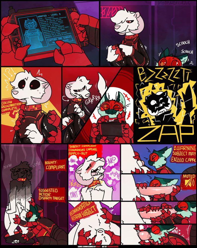 Comic depicting Geary, a mustelid-like imp, being spotted by Mint, a skittermander. Mint hacks Geary's collar before using it to stun them with a jolt of electricity. While Geary is cartoonishly smoking from the electrocution, Mint strips them naked before having their collar induce a state of intense arousal in the imp. Mint gropes the imp's balls as their cock emerges over several panels, and Mint kisses the tip before taking most of it into his mouth and throat.