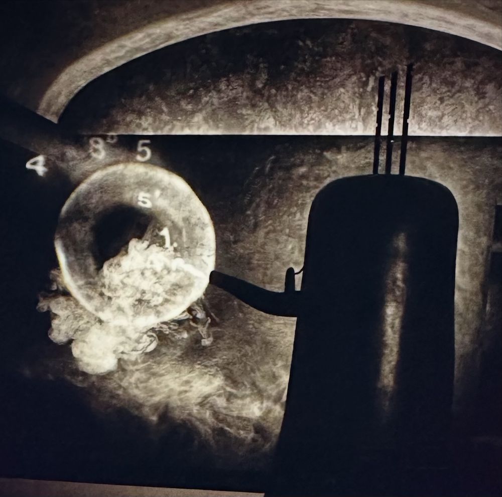 Scene from Twin Peaks - The Return. An enormous black kettle spewing steam, and the numbers 4, 8, 5, 5 and 1.