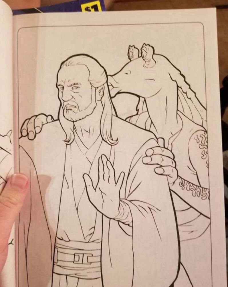 Qui gon gin from star wars looking annoyed at jar jar binks