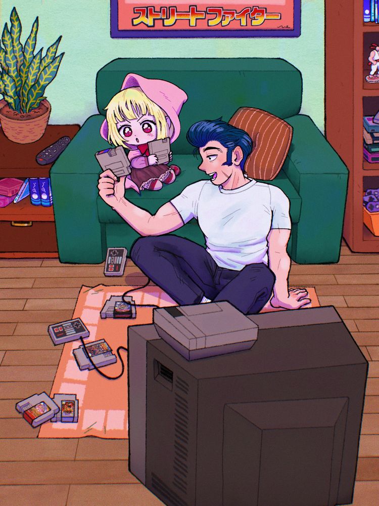 Mr. Autograph sitting on the floor in front of a CRT. Dot_lvl is sitting on a sofa behind him, and he is showing her an NES game.