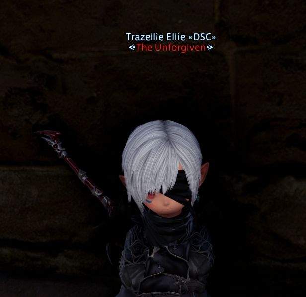 Trazellie crossing her arms, leaning against the wall. She has a single red eye, and a custom title above her called The Unforgiven