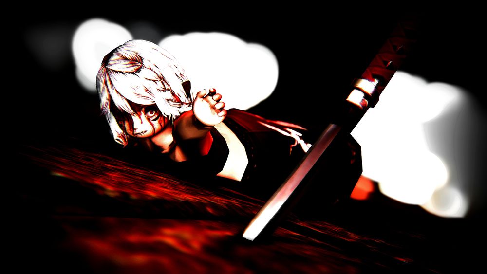 Trazellie, battered and bloody, reaching for her sword stuck in the ground as she crawls helplessly towards it. The image is starkly monochrome with red as the only focused color, signifying blood, both as it stains the ground, and as it drips down Trazellie's face.