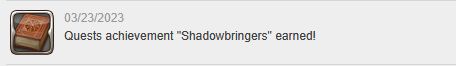 Screenshot of a Lodestone achievement. It reads:

03/23/2023
Quests achievement "Shadowbringers" earned!