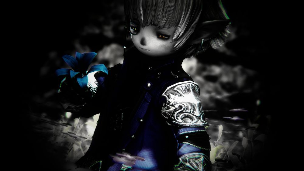 Greyscale image of Uaruru holding a blue lily in her hand with a saddened expression. Her pale yellow tinged eyes, her blue coat, and a faint green outline are the only colors in the image