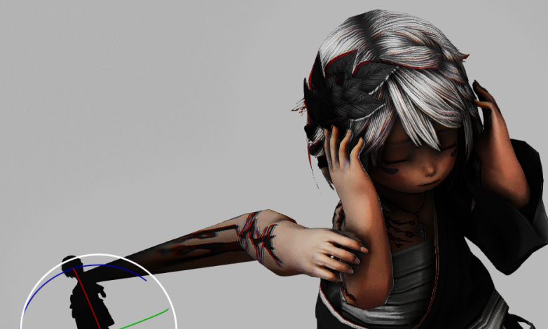 Trazellie's mangled model in Ktisis reaching towards another Trazellie, pulling her arm