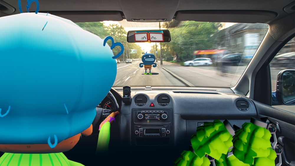 Grandma driving a car, looking happy in her rear-view mirror with a pile of grenades in the passenger seat. Unfortunately, Tiny Terry is standing in the middle of the road.