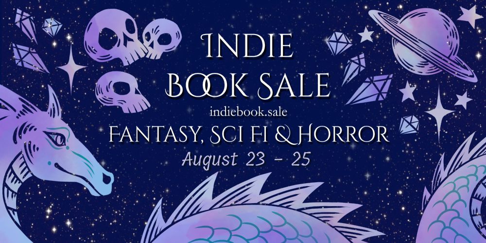 Banner for the Narratess Indie Book Sale. A chonky dragon reads a book at the bottom, a pile of skulls with a candle and ghost sit on the left of the text, and a space ship flies by a planet on the right of the text. 

Text: Indie Book Sale

indiebook.sale

Fantasy, Sci FI & Horror

August 23 - 25

Banner designed by Arden Powell
