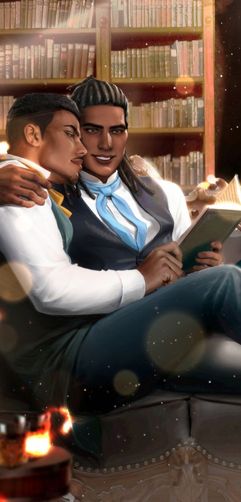 A CG from Maybe: Interactive Stories' The Gentleman's Club: Obscene Material visual novel. Regency era author Stephen Sweete cuddles up to his publisher and boyfriend Jasper Sherwood on their sofa. Smiling and together, they read Stephen's latest book.