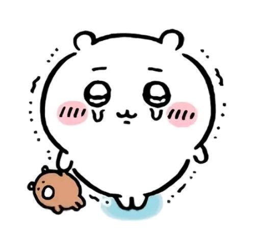 Chiikawa crying and holding a plushie.
