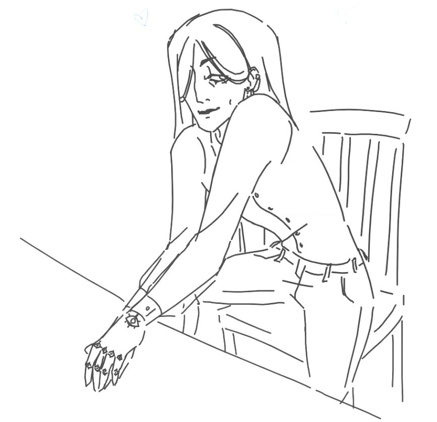 Sketch of the character Gerry Keay from The Magnus Archives sitting on a chair