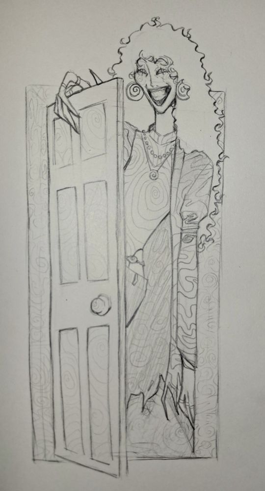 Sketch of the character Michael Distortion from The Magnus Archives in a doorway