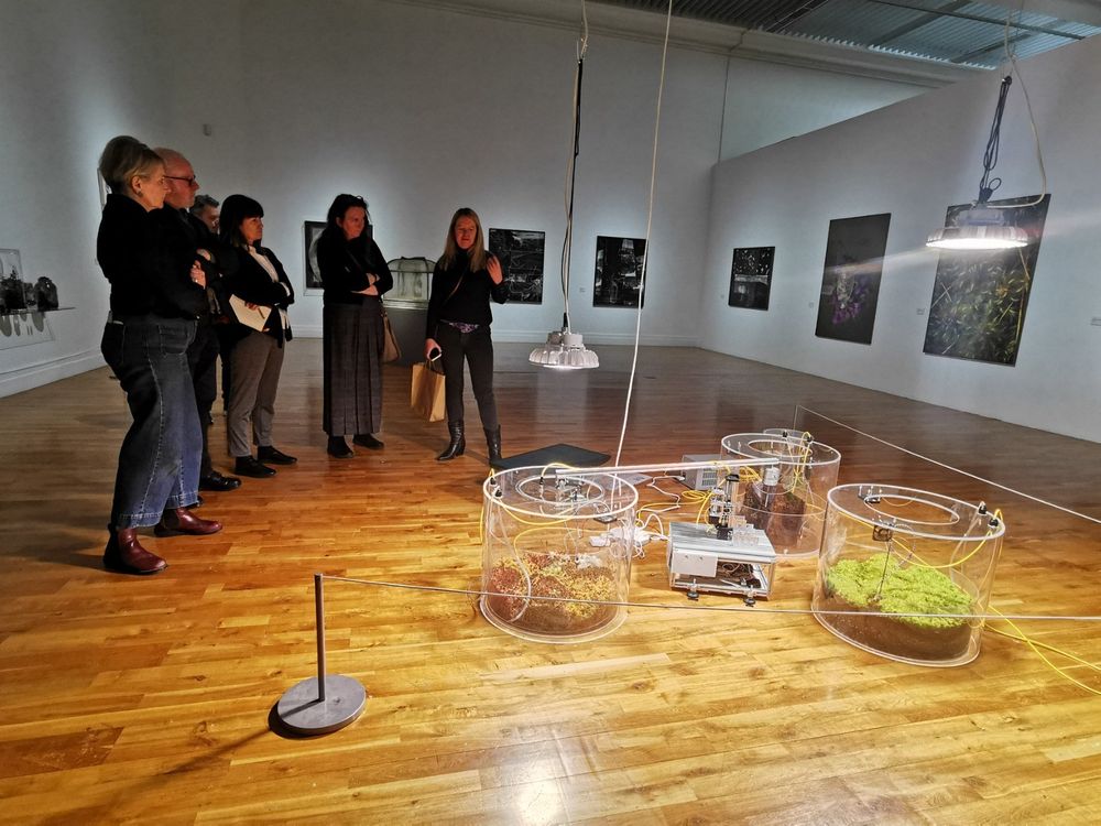 People standing in a room exhibiting peatland photographs and Sphagnum mosses at BogSkin - an exhibition at the RHA Gallery.