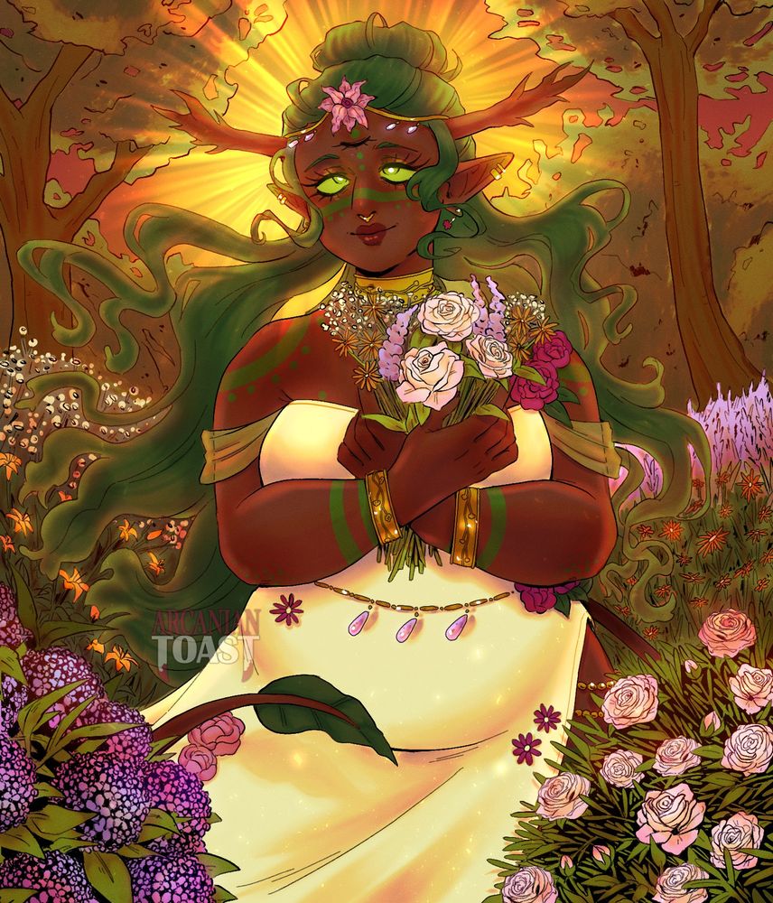 Halfbody illustration of a goddess with dark skin and long green hair holding a bouquet of flowers while standing in nature. The sun is behind her illuminating her head like a halo. 