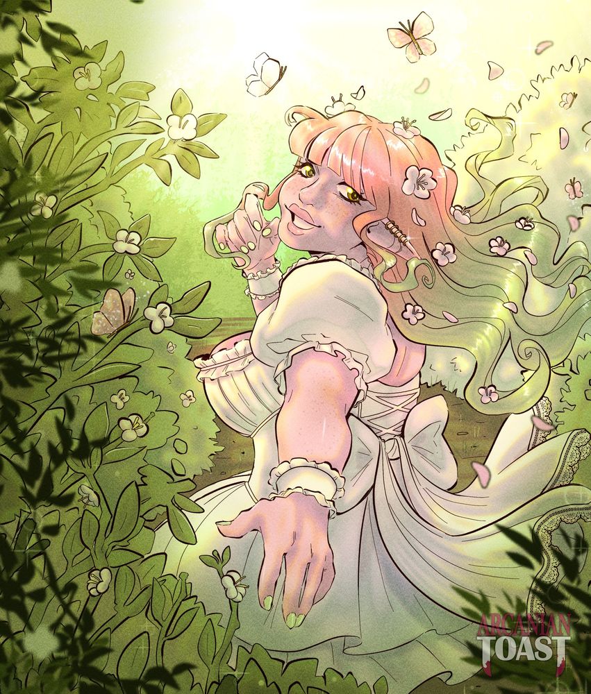 illustrated halfbody of a spring eladrin in a white dress looking back at the viewer surrounded by plants. 