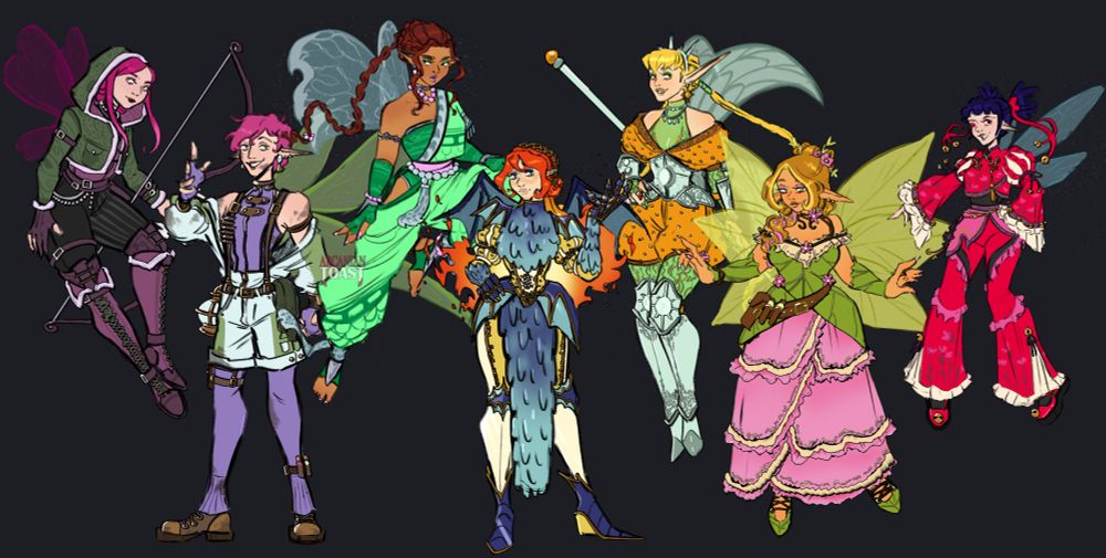 A lineup of the winx girls designed as if they were in dungeons and dragons. From left to right, Roxy (ranger), Tecna (artificer), Aisha/Layla (monk), Bloom (warlock), Stella (cleric), Flora (druid), and Musa (bard)! Each girl's race remains as a fairy.  