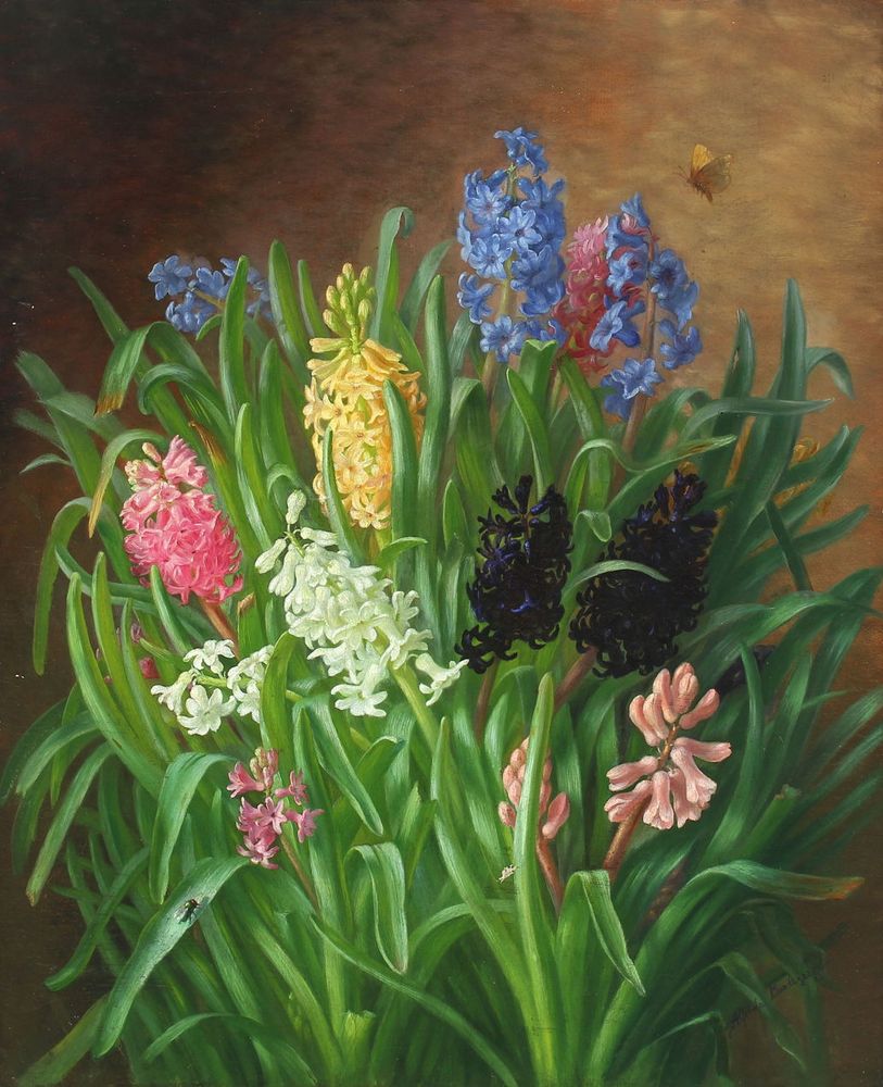 Hyacinths, some pink, others yellow, blue, white, even black and lush green stalks.