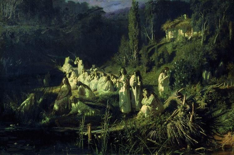 women in white down by a dark lake secluded in the forest of green.