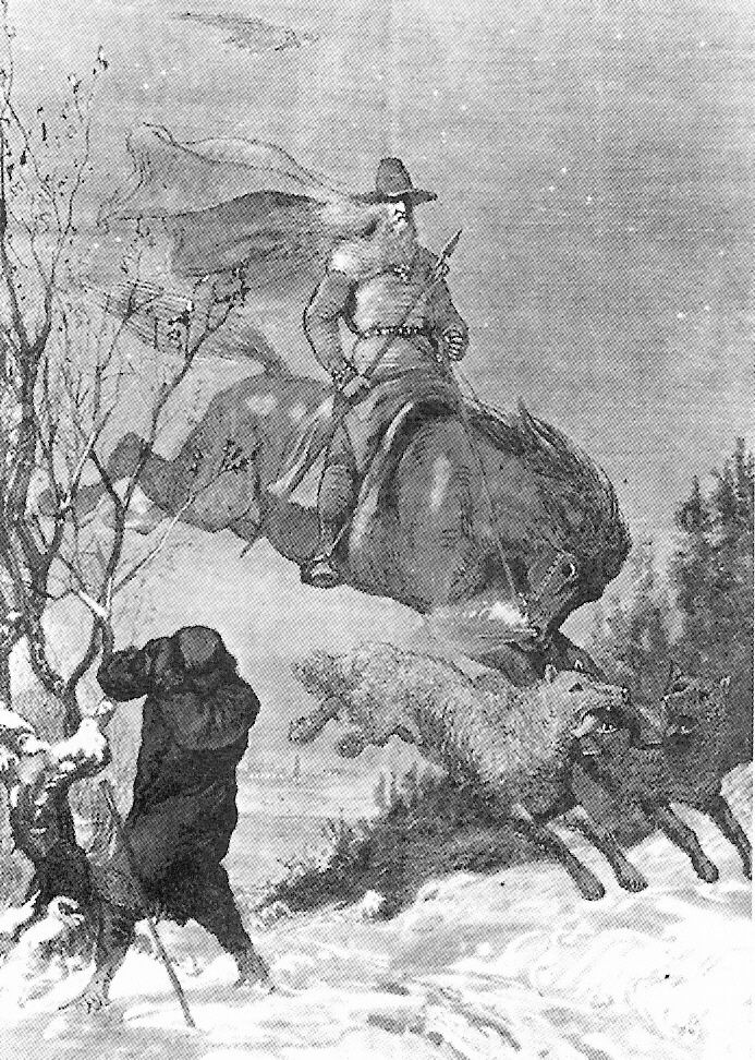 The god Odin, long beard flying in the cold wind is on horseback, galloping through the sky. In front of the horse two fierce snarling dogs leap. A woodcutter muffled against the snow in a long, warm coat turns aside.